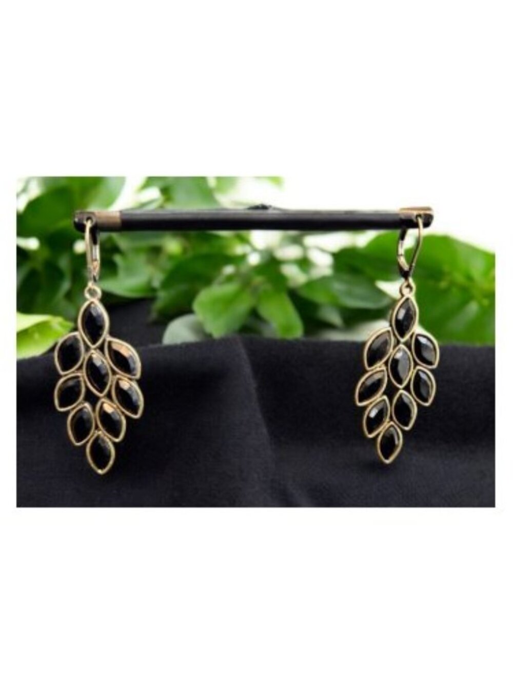 Goldtone with Black Acrylic Leaf Shaped Dangle Earrings